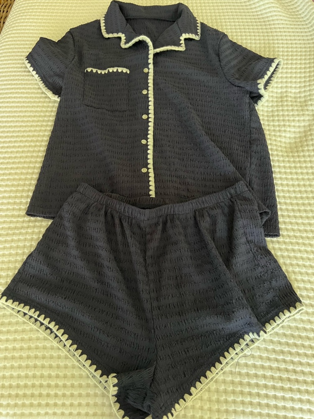 Dark Navy Short Sleeve Pajama Set with Cream Trim Size Large